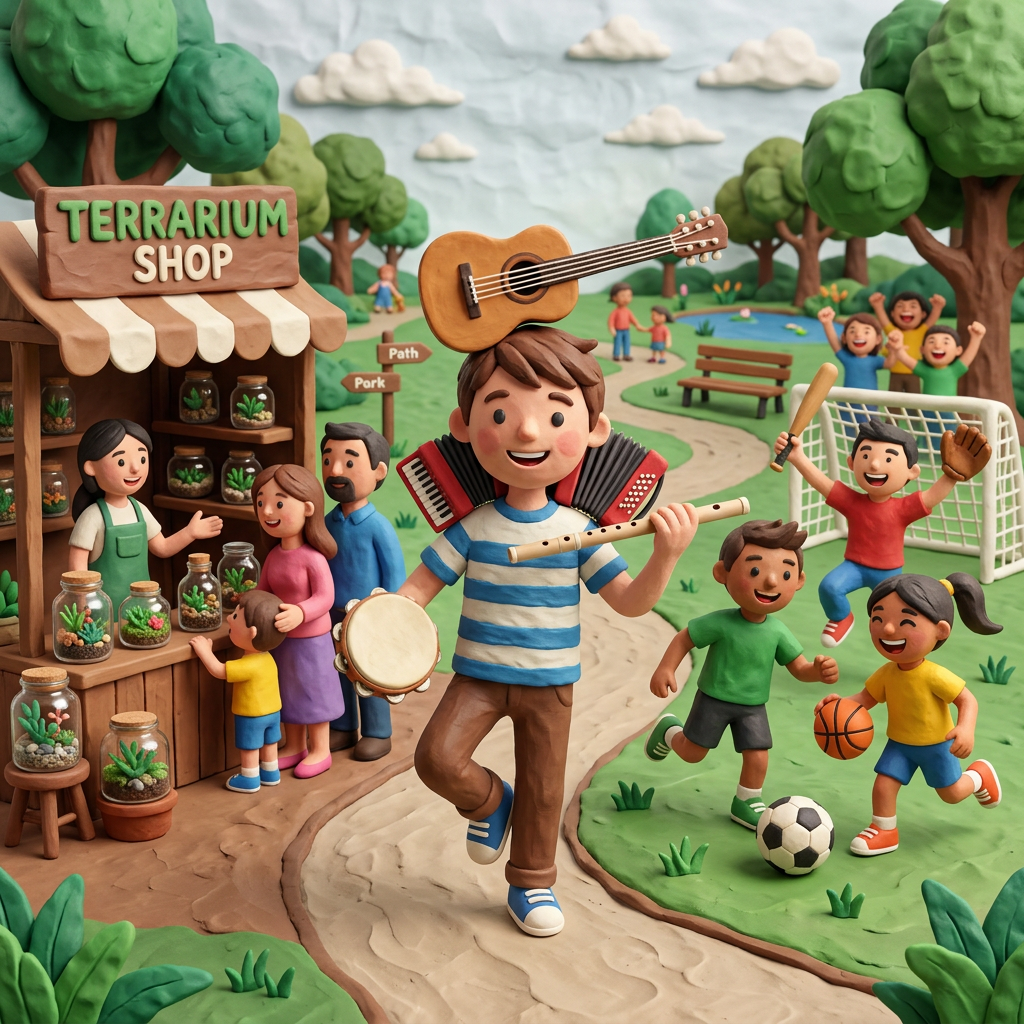 Claymation scene of a musician with multiple instruments walking by a terrarium shop, while children play soccer, basketball, and baseball in a park.