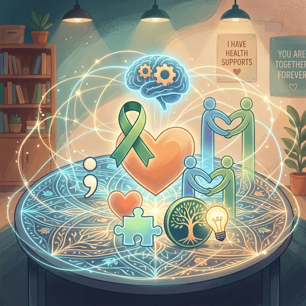 Diverse people holding symbols of mental health and support including a green ribbon, heart, puzzle piece, semicolon, and light bulb