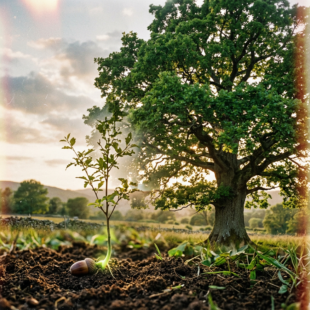 Small oak sapling emerging from acorn near mature oak tree in soil