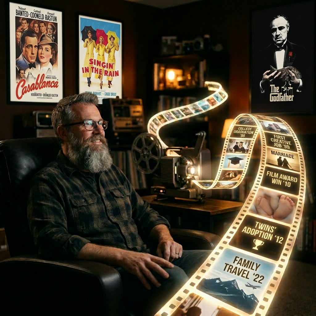 Man watching a vintage film reel displaying life milestones from graduation to travel.
