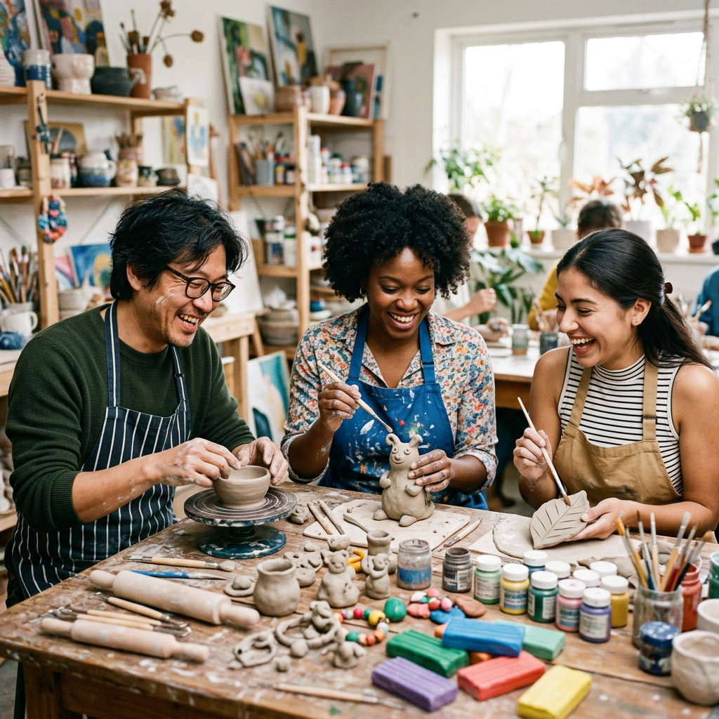 Three people crafting and painting pottery sculptures at a wooden table